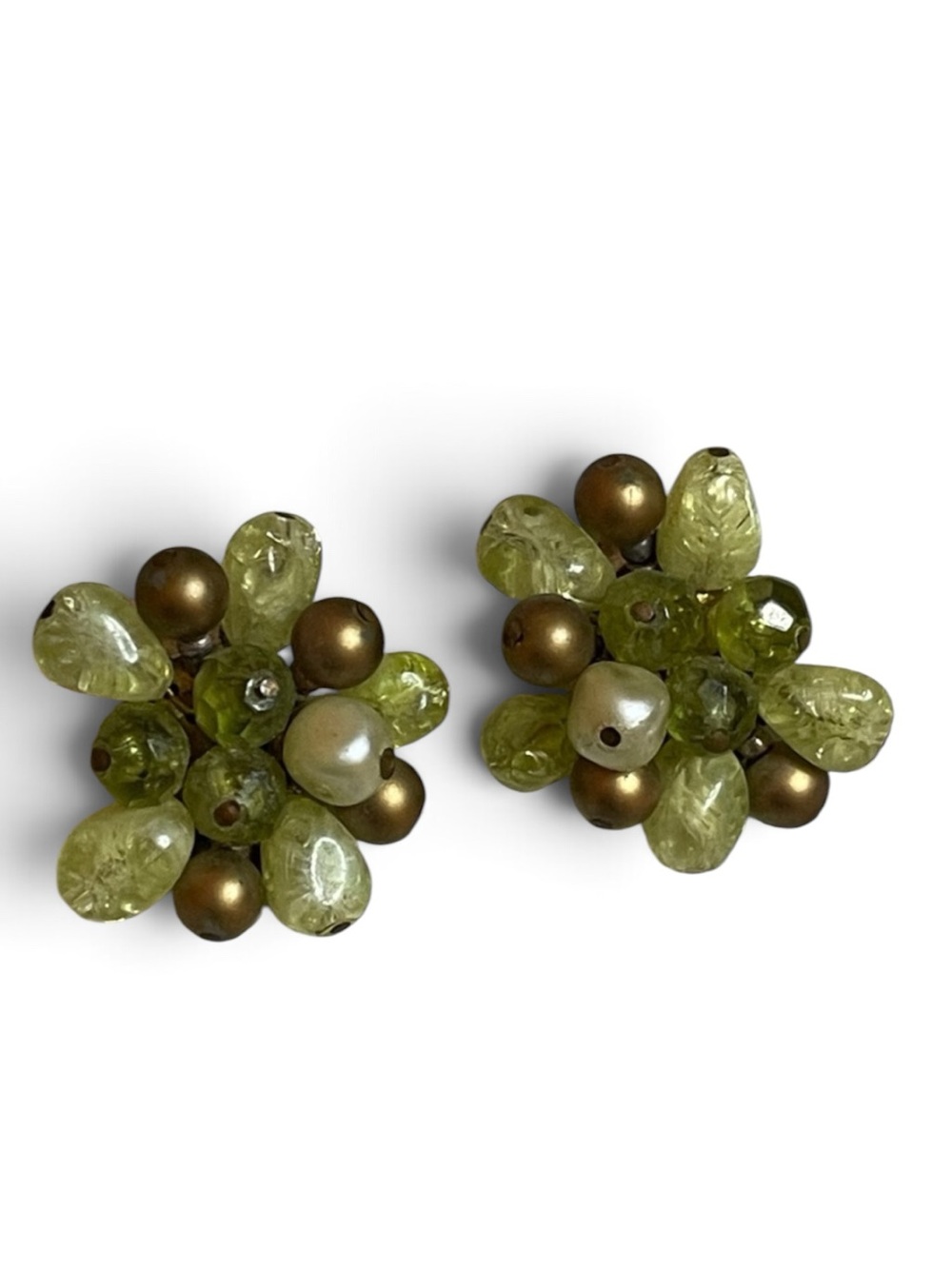 Vintage W. Germany Green, Bronze, & Faux Pearl Cluster Clip-On Earrings